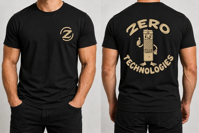 Front and back views of the black Zero Tech NODE shirt worn with a khaki ZT chest logo and curved ZERO TECHNOLOGIES mascot design