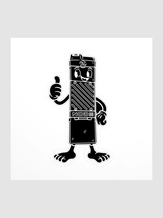 Zero Tech NODE character sticker cut around his silhouette, with white outlines and black fill