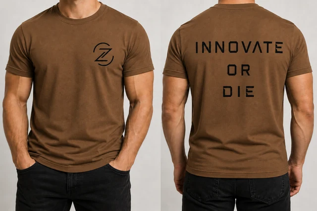 Coyote brown Zero Tech motto shirt with black ZT chest logo and INNOVATE OR DIE back print